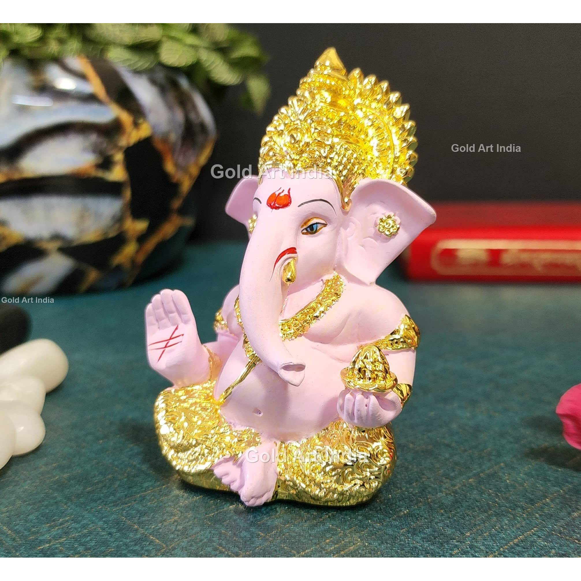 Gold Art India Gold Plated Ganesha with Terracotta Colour - Perfect for Car Dashboards, Office & Home Shelves, Diwali Puja, and Gifting (MukutGoldPink 3.5)