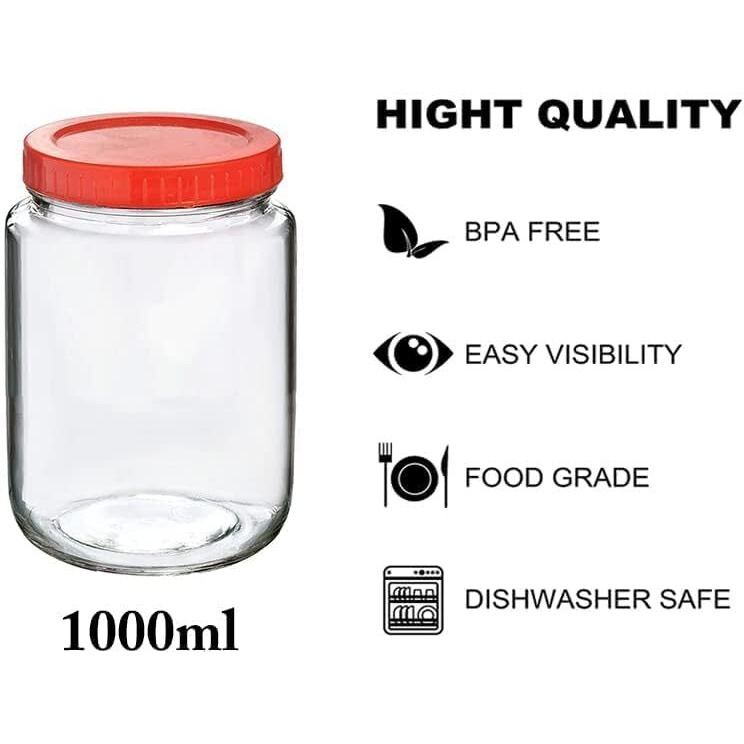 Feelopie Yera Glass 1000ml Round Pickle Clear Jars & Containers||for Kitchen Pantry,Snacks, Masala, Honey, Pickles,Cookies,Dry Fruits,and Coffee Beans Storage||Plastic Red Lid (1kg, Set Of 4)