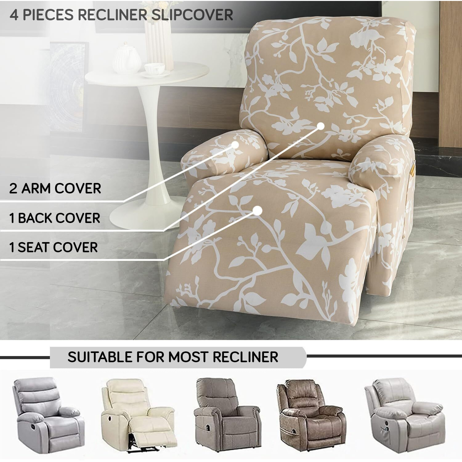 HOKIPO 140gsm Fully Covered Recliner Sofa Cover 1 Seater, Buff Brown Sillehoute Floral (AR-4940-C7)