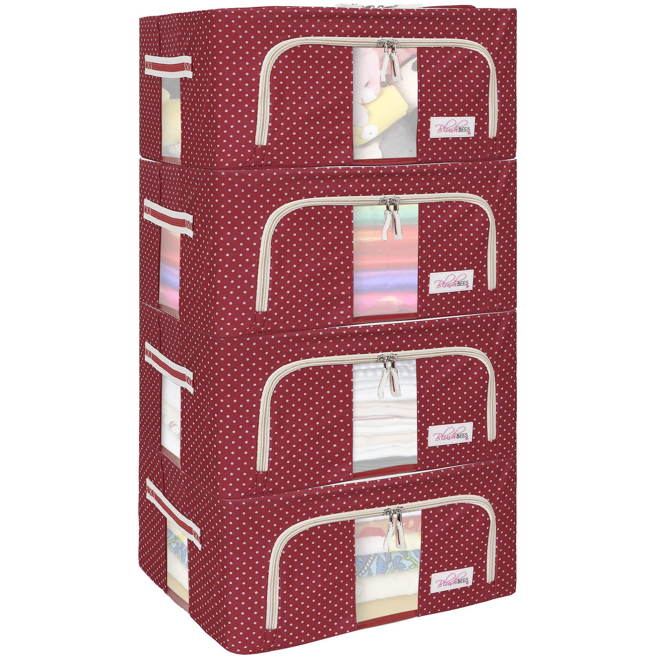 BlushBees Living Box - Cloth Organizer Boxes, Saree Cover - 24 Litre, Pack of 4, Polka Dots Red