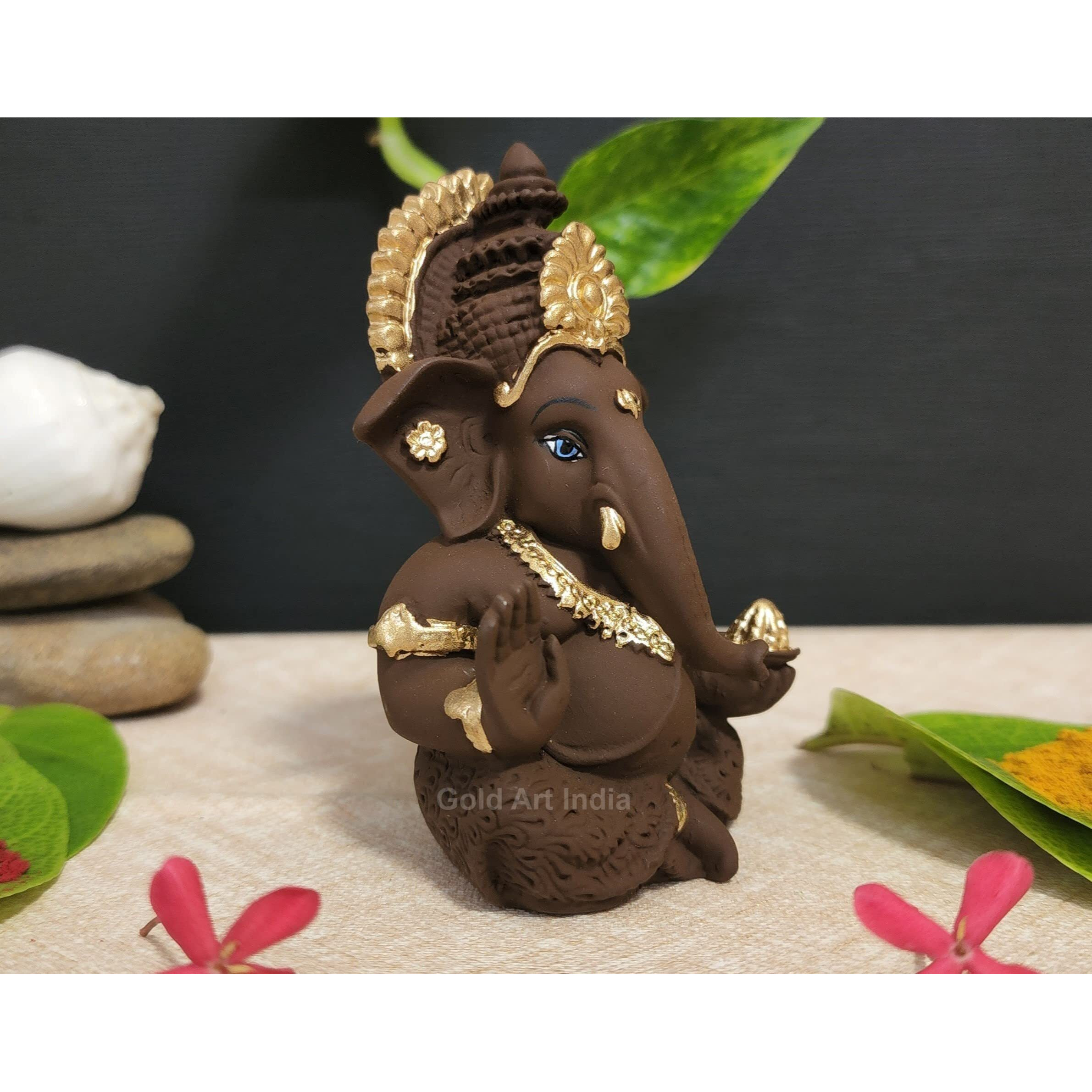 Gold Art India Brown Terracotta Idol for Ganesh Idol for Car Dashboard God Ganesha Idol for Home Decor Ganpati for Gift 3.5 inches (Brown Terracotta)