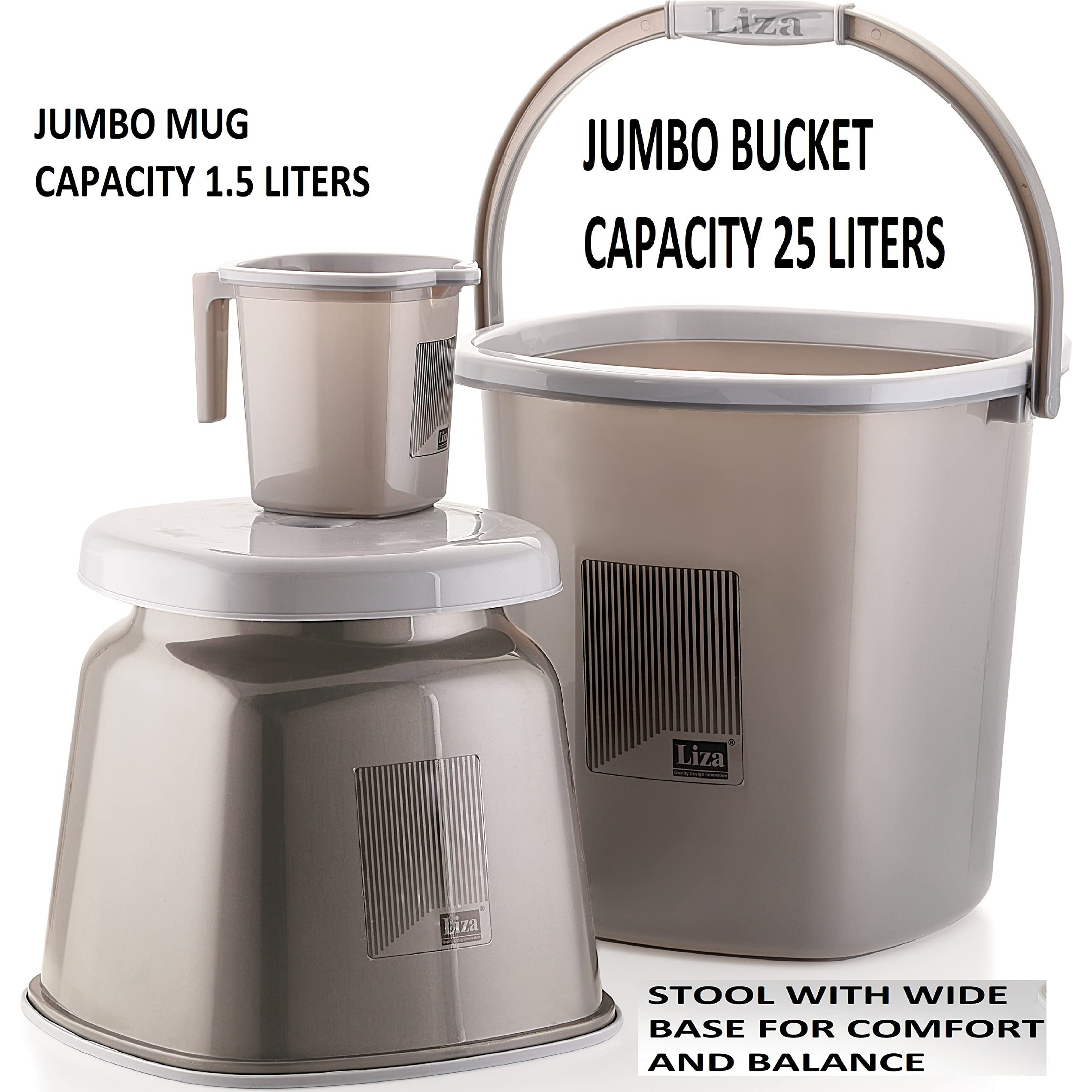 LIZA BATHROOM 3PC SET, BUCKET 25 LITERS, BATLA/BIG STOOL, MUG 1.5 LITERS, Bucket for bathroom, Bathroom set (JUMBO OPERA 3) (GREY)