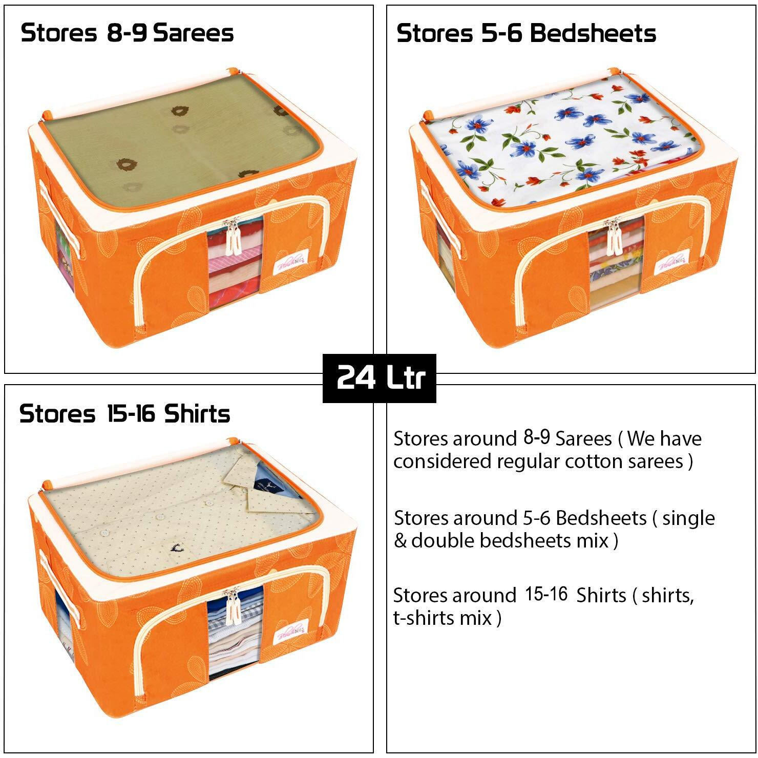 BlushBees Living Box - Storage Boxes for Clothes, Saree Cover - 24 Litre, Pack of 4, Orange