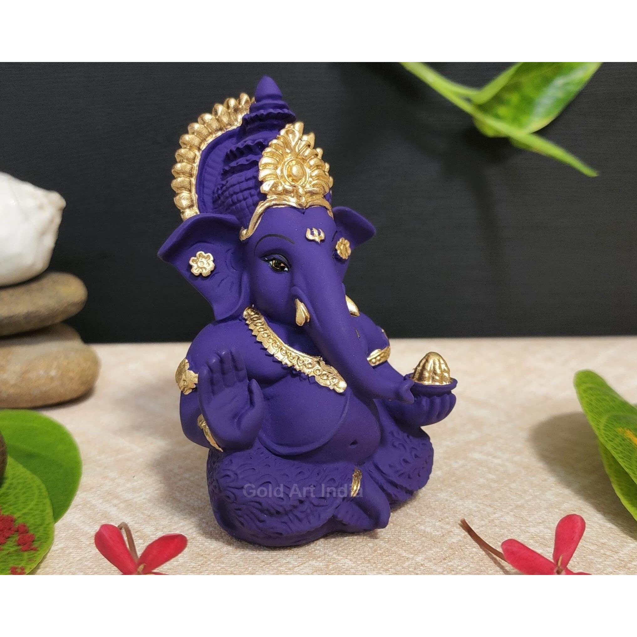 Gold Art India Beautiful Terracotta Ganesha in Violet - A Festive and Auspicious Addition to Your Home or Car(MukutVioletTerra)