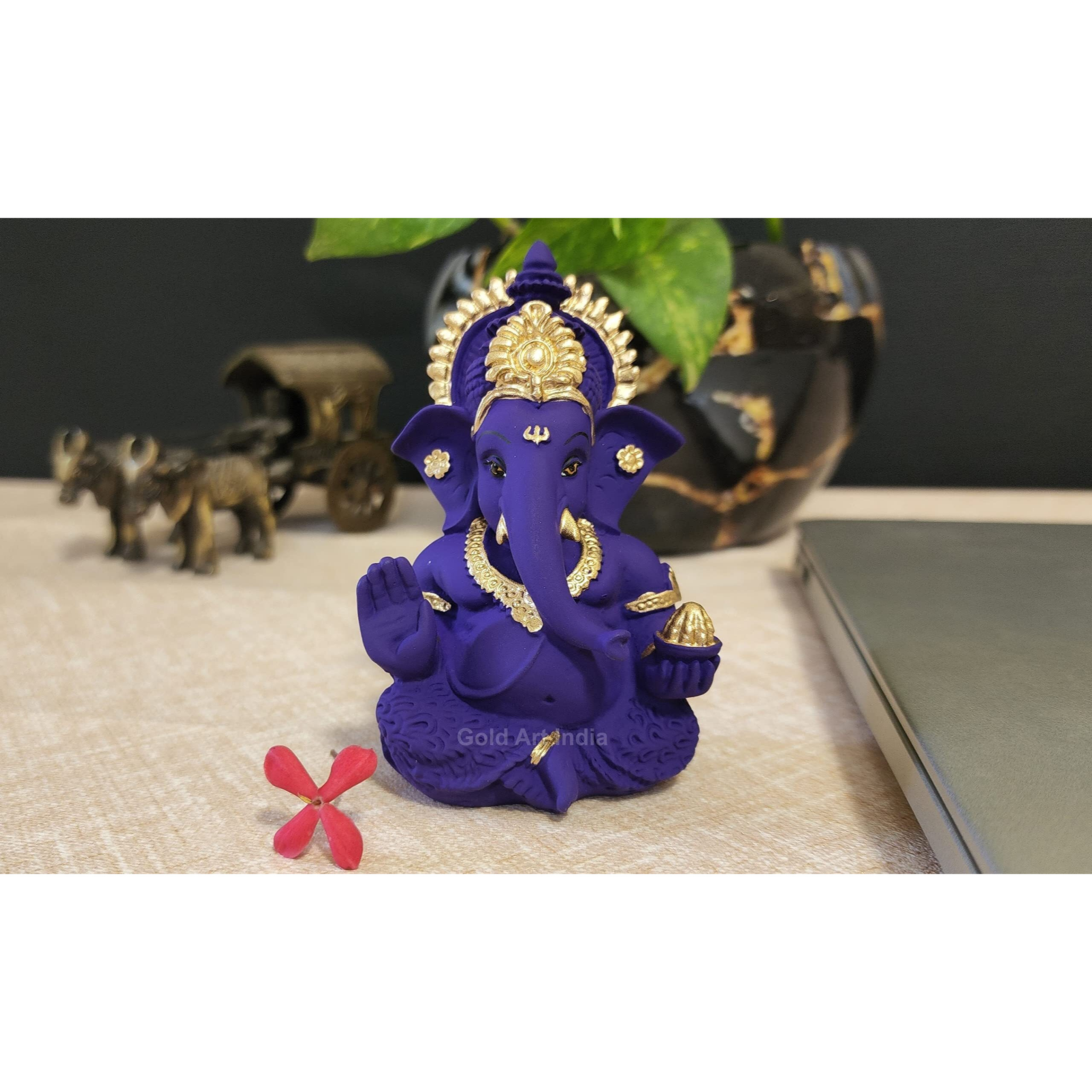 Gold Art India Beautiful Terracotta Ganesha in Violet - A Festive and Auspicious Addition to Your Home or Car(MukutVioletTerra)