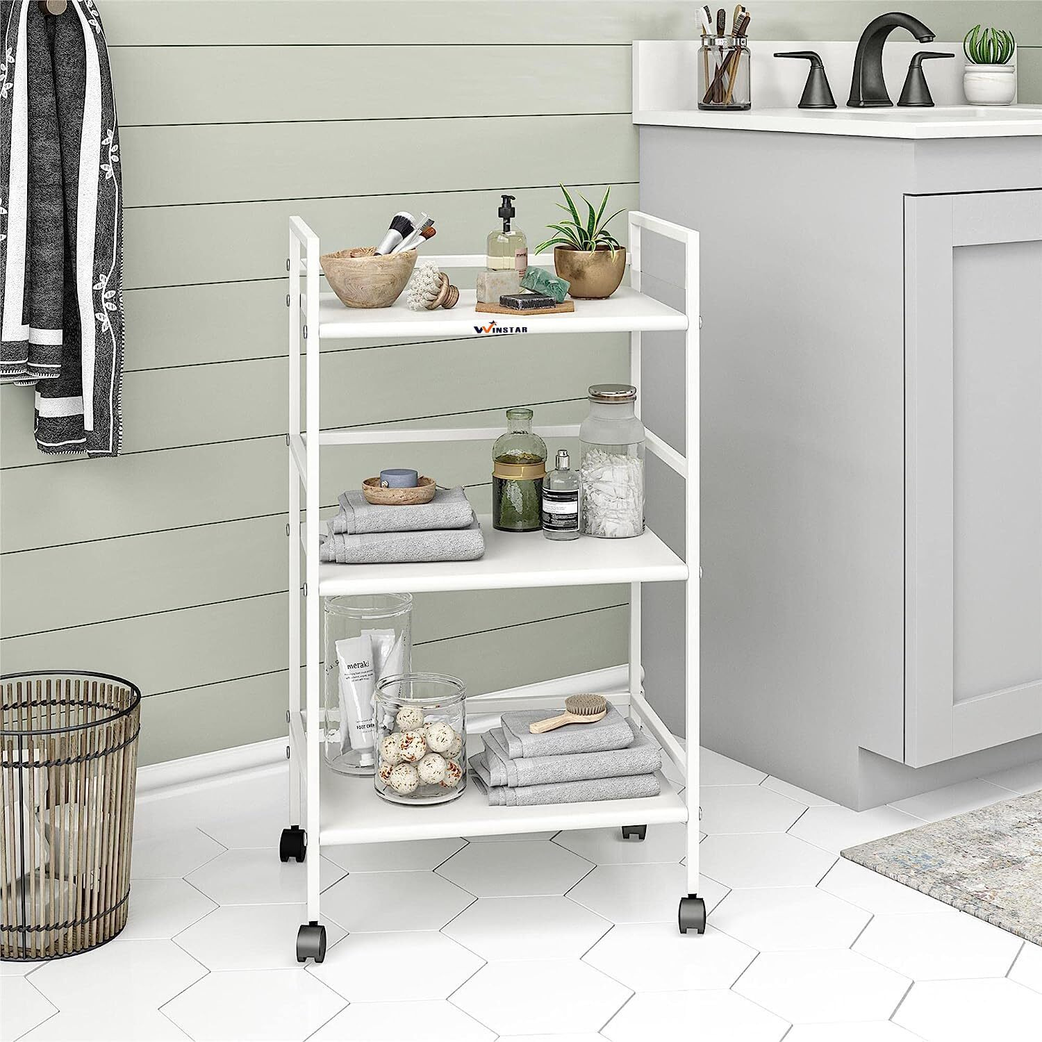 WINSTAR Metal Rolling Trolley with Lockable Wheels | Heavy Duty Multifunctional Metal Frame Cart | Ideal for Home, Kitchen, Bathroom and Office Storage | (White, 3-Tier)