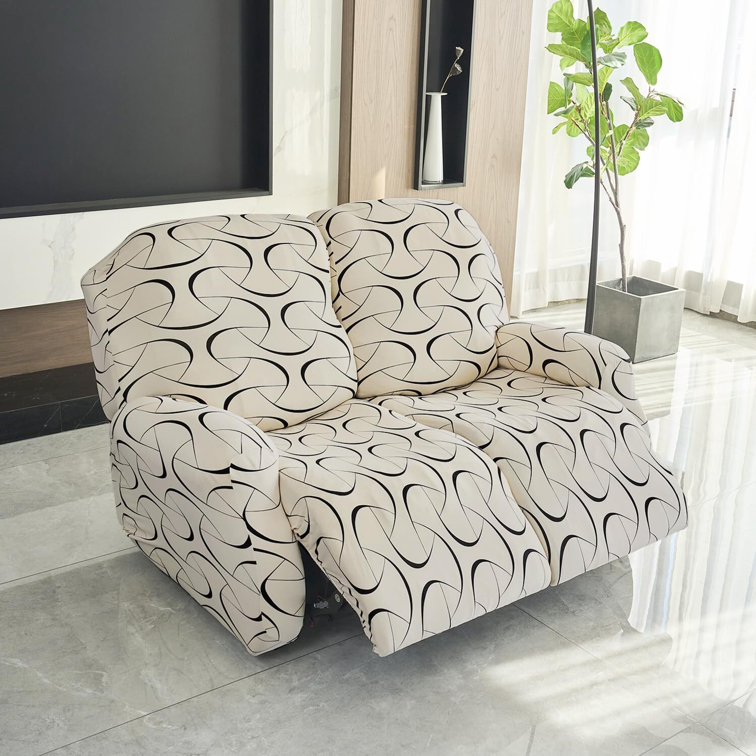 HOKIPO 140gsm Fully Covered Recliner Sofa Cover 2 Seater, Natural Beige Abstract Art (AR-4941-C4)