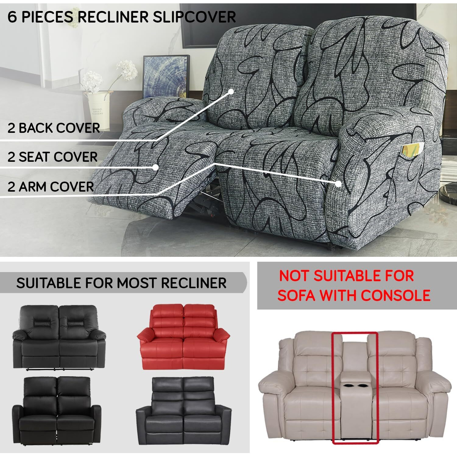 HOKIPO 140gsm Fully Covered Recliner Sofa Cover 2 Seater, Intense Grey Abstract Floral (AR-4941-C2)