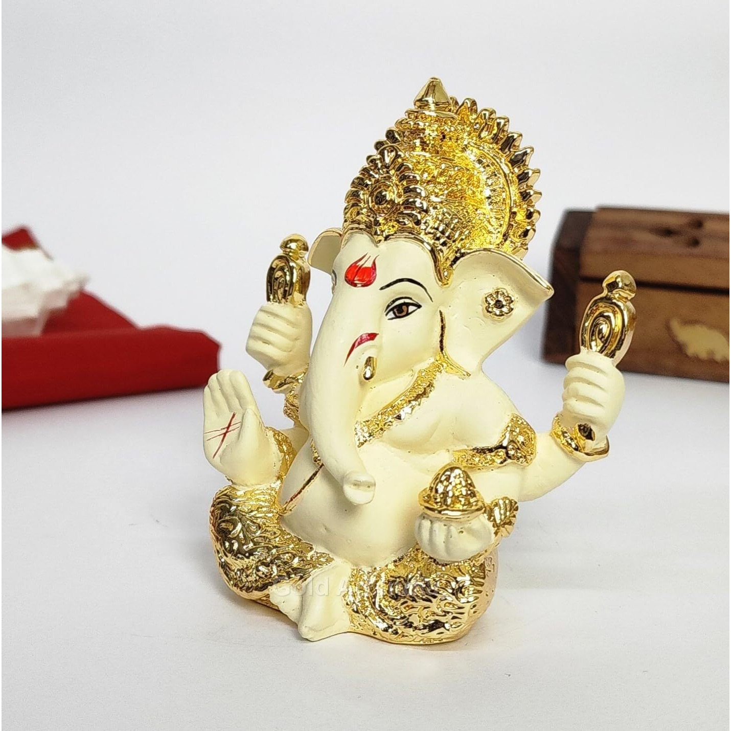 Gold Art India Mukut Ganesha Statue Gold Plated | Car Dashboard | Office Desk/Home Dcor | Gifting | House Warming | | 150g | 3.3 Height | (4HANDMUKUTGOLDOFFWHITE)