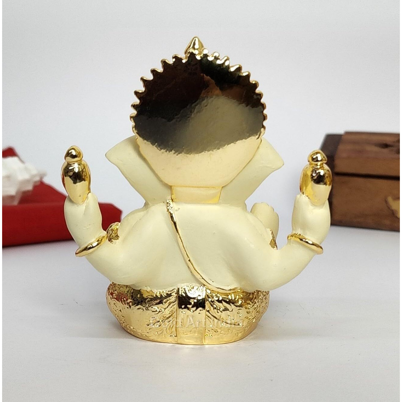 Gold Art India Mukut Ganesha Statue Gold Plated | Car Dashboard | Office Desk/Home Dcor | Gifting | House Warming | | 150g | 3.3 Height | (4HANDMUKUTGOLDOFFWHITE)