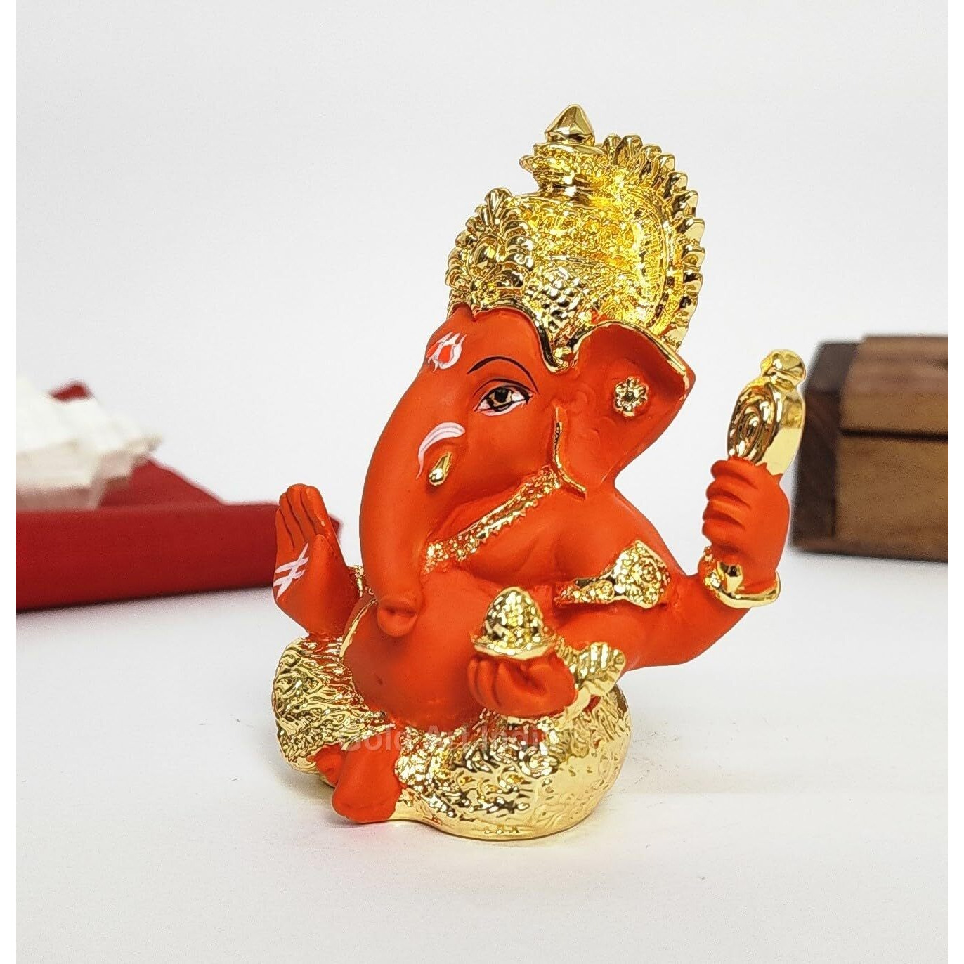 Gold Art India Mukut Ganesha Statue Gold Plated | Car Dashboard | Office Desk/Home Dcor | Gifting | House Warming | | 150g | 3.3 Height | (4HANDMUKUTGOLDORANGE)