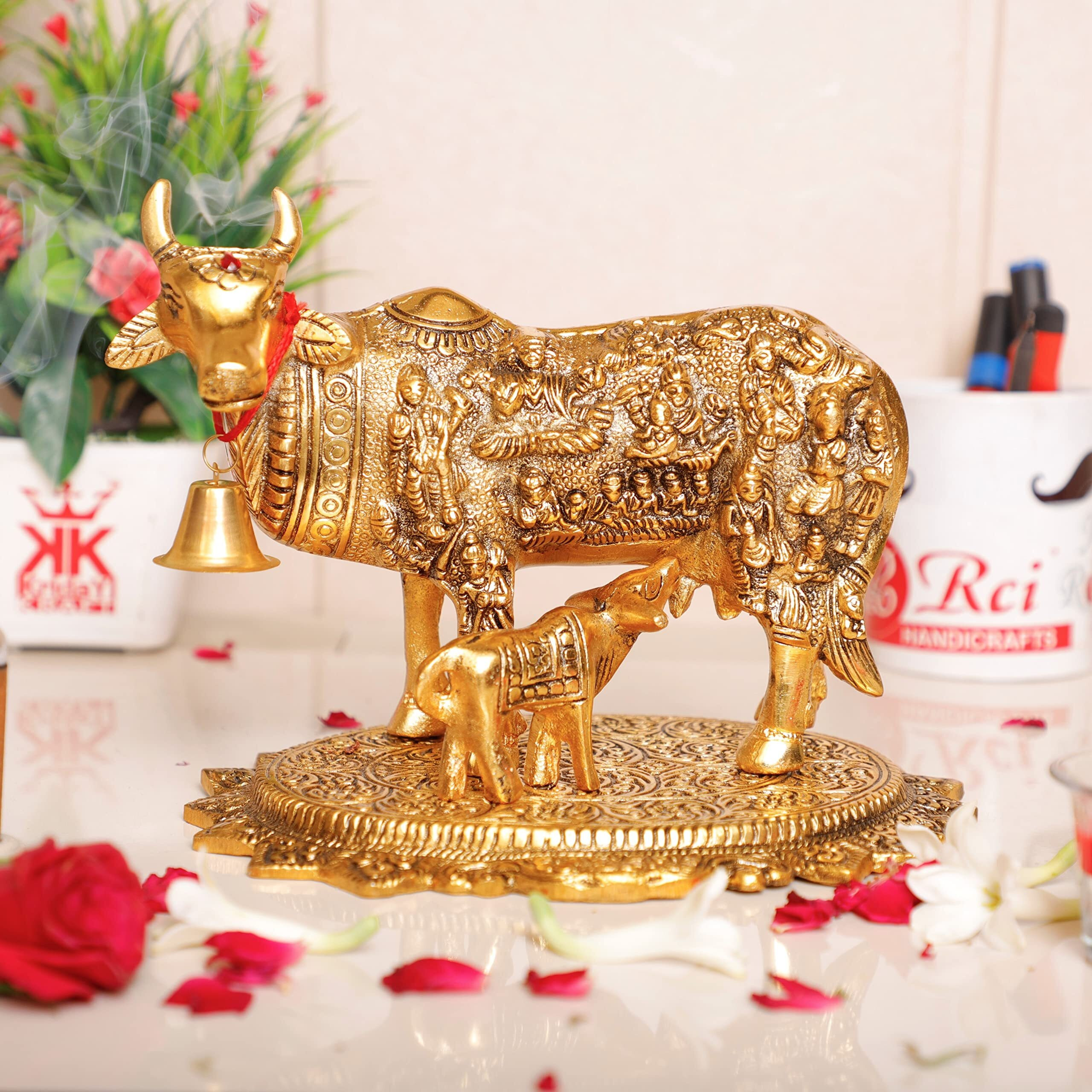 KridayKraft Gold Plated Kamdhenu Cow with Calf Metal Statue for Good Luck Feng Shui & Vastu Showpiece As Table Top Religious idol Gau Mata for Home Office Decorative,Animal Showpiece