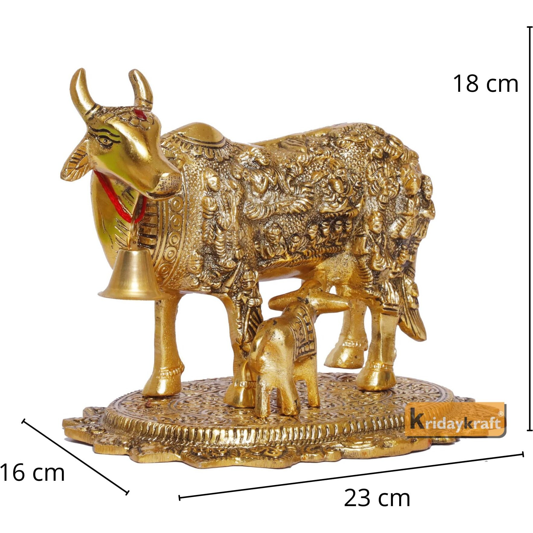 KridayKraft Gold Plated Kamdhenu Cow with Calf Metal Statue for Good Luck Feng Shui & Vastu Showpiece As Table Top Religious idol Gau Mata for Home Office Decorative,Animal Showpiece