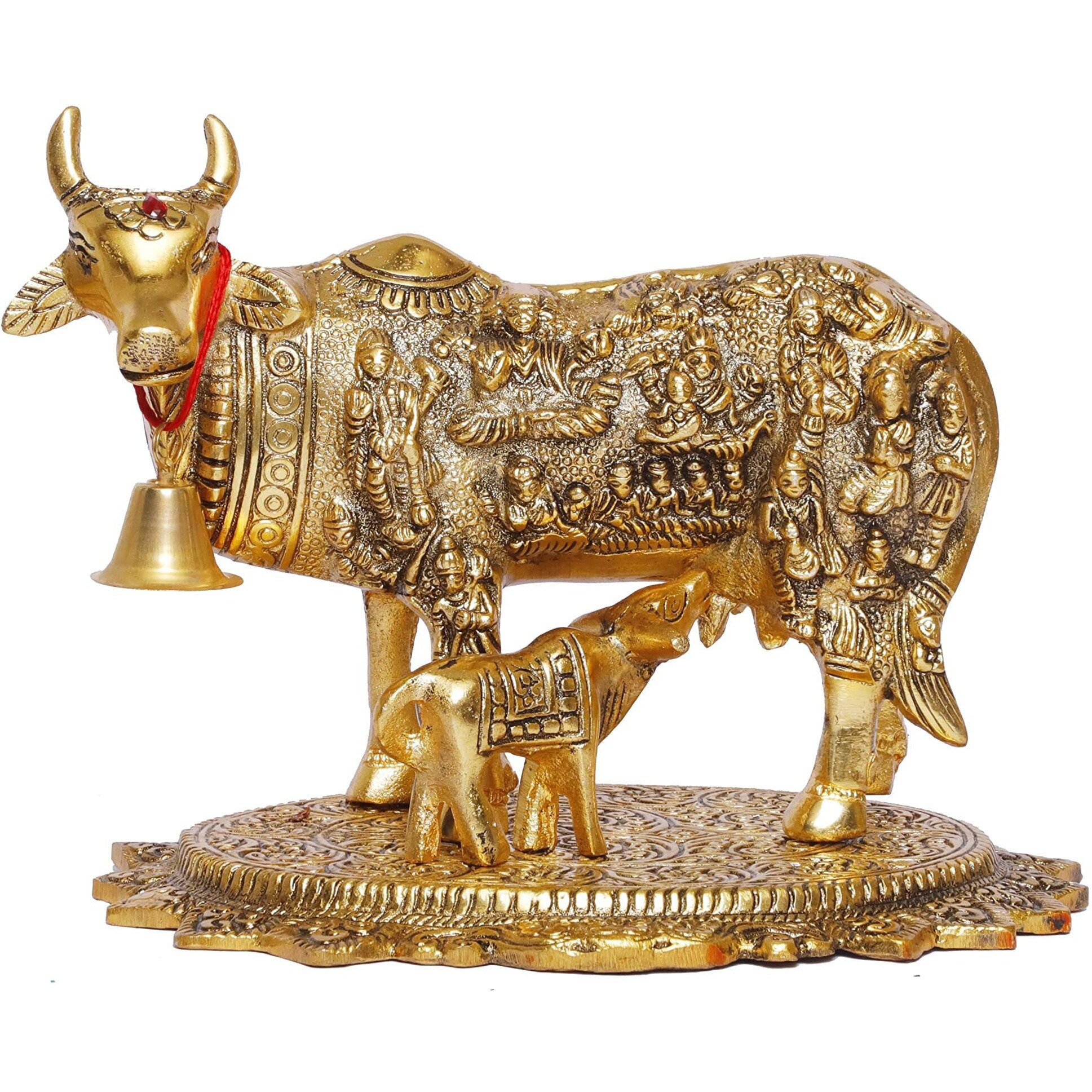 KridayKraft Gold Plated Kamdhenu Cow with Calf Metal Statue for Good Luck Feng Shui & Vastu Showpiece As Table Top Religious idol Gau Mata for Home Office Decorative,Animal Showpiece