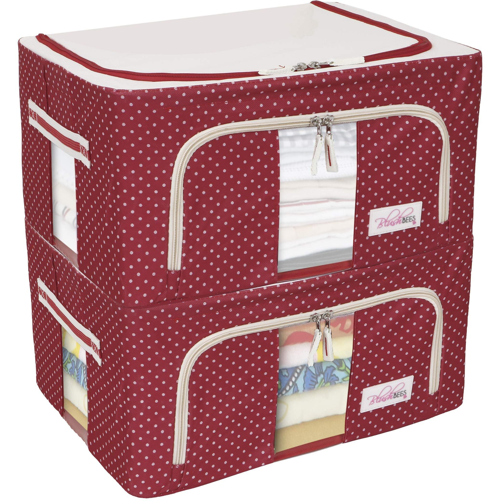 BlushBees Living Box - 600D Oxford Fabric Cloth Storage Bags, Wardrobe Organizer - 24 Litre, Pack of 2, Polka Dots Red