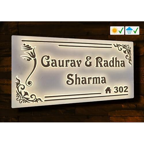 Aarushi Creations Acrylic Personalized Home Door Name Plate with Light - 3 Year Warranty - (Size 16x8 In White) 0538BB (12x8 Boxless Design)