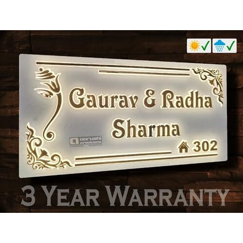 Aarushi Creations Acrylic Personalized Home Door Name Plate with Light - 3 Year Warranty - (Size 16x8 In White) 0538BB (12x8 Boxless Design)