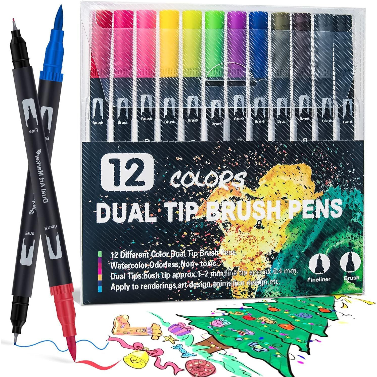 Wynhard Brush Pen Set Sketch Pen Set Drawing Pen Dual Tip Brush Pens Markers for Drawing Brush Pens 12 Shades Art Markers Set Fineliner Color Pens Water Based Marker for Calligraphy Drawing Sketching