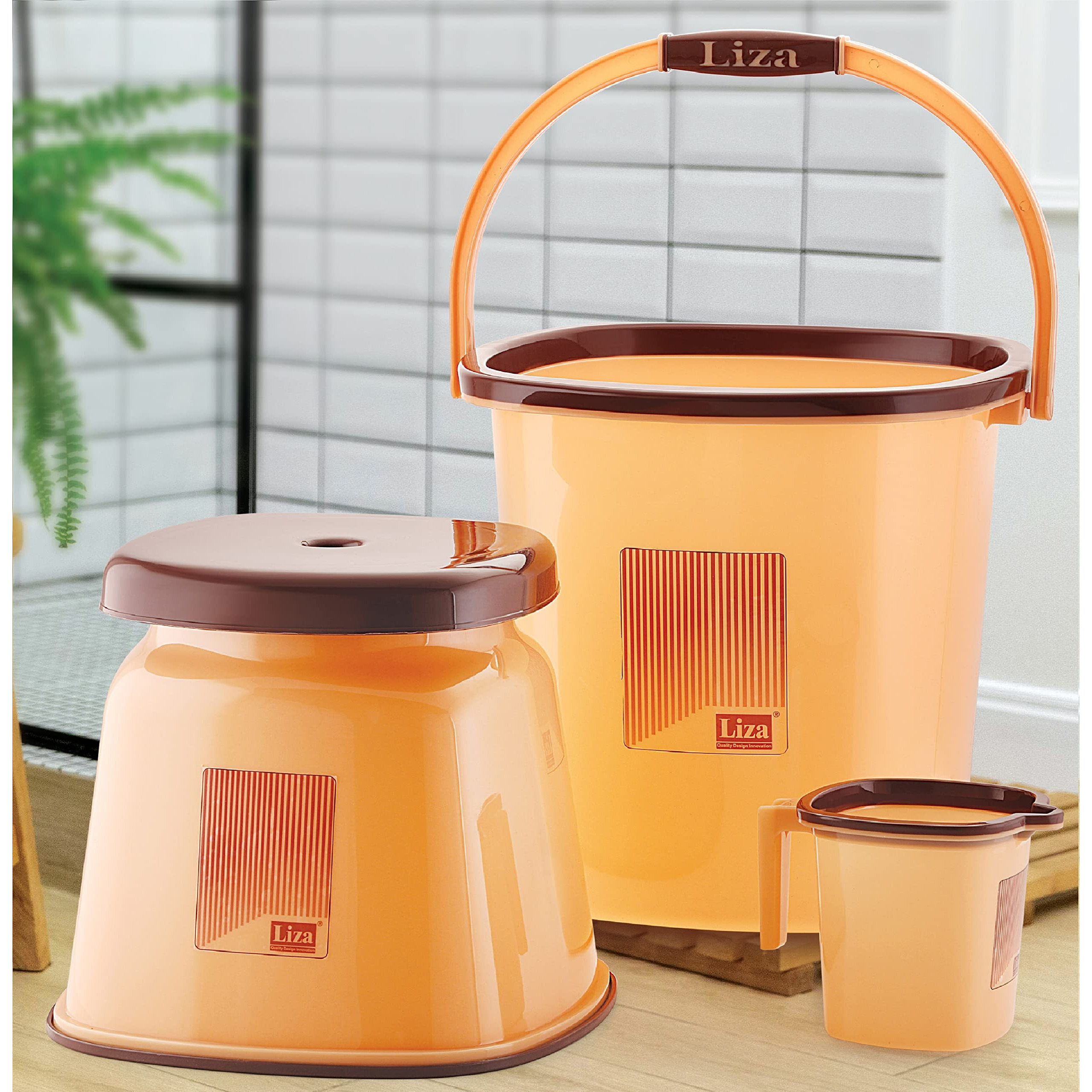 LIZA Bathroom 3PC Set, Bucket 25 LITERS, BATLA/Big Stool, Mug 1.5 LITERS, Bucket for Bathroom, Bathroom Set (Jumbo Opera 3) (Brown)