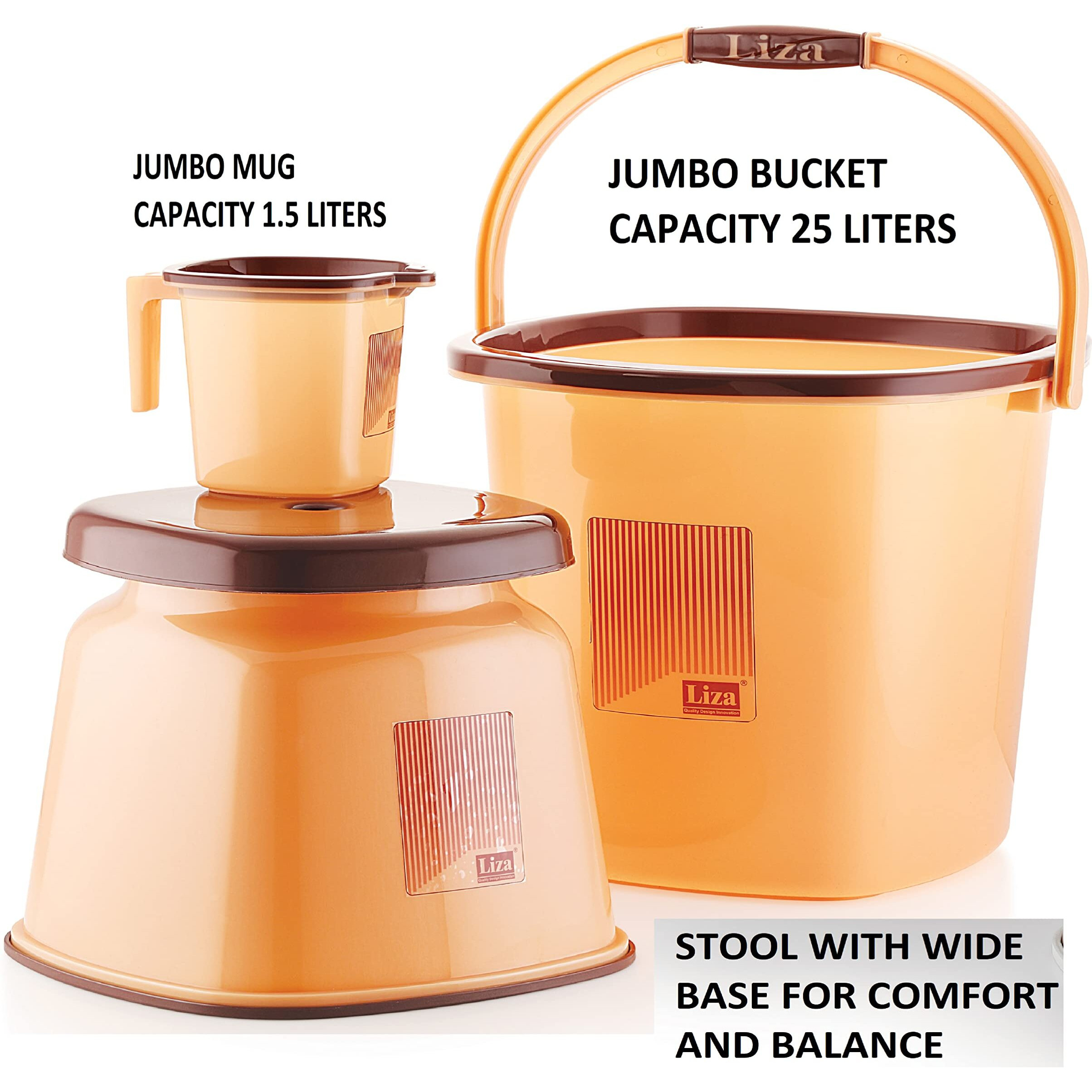 LIZA Bathroom 3PC Set, Bucket 25 LITERS, BATLA/Big Stool, Mug 1.5 LITERS, Bucket for Bathroom, Bathroom Set (Jumbo Opera 3) (Brown)