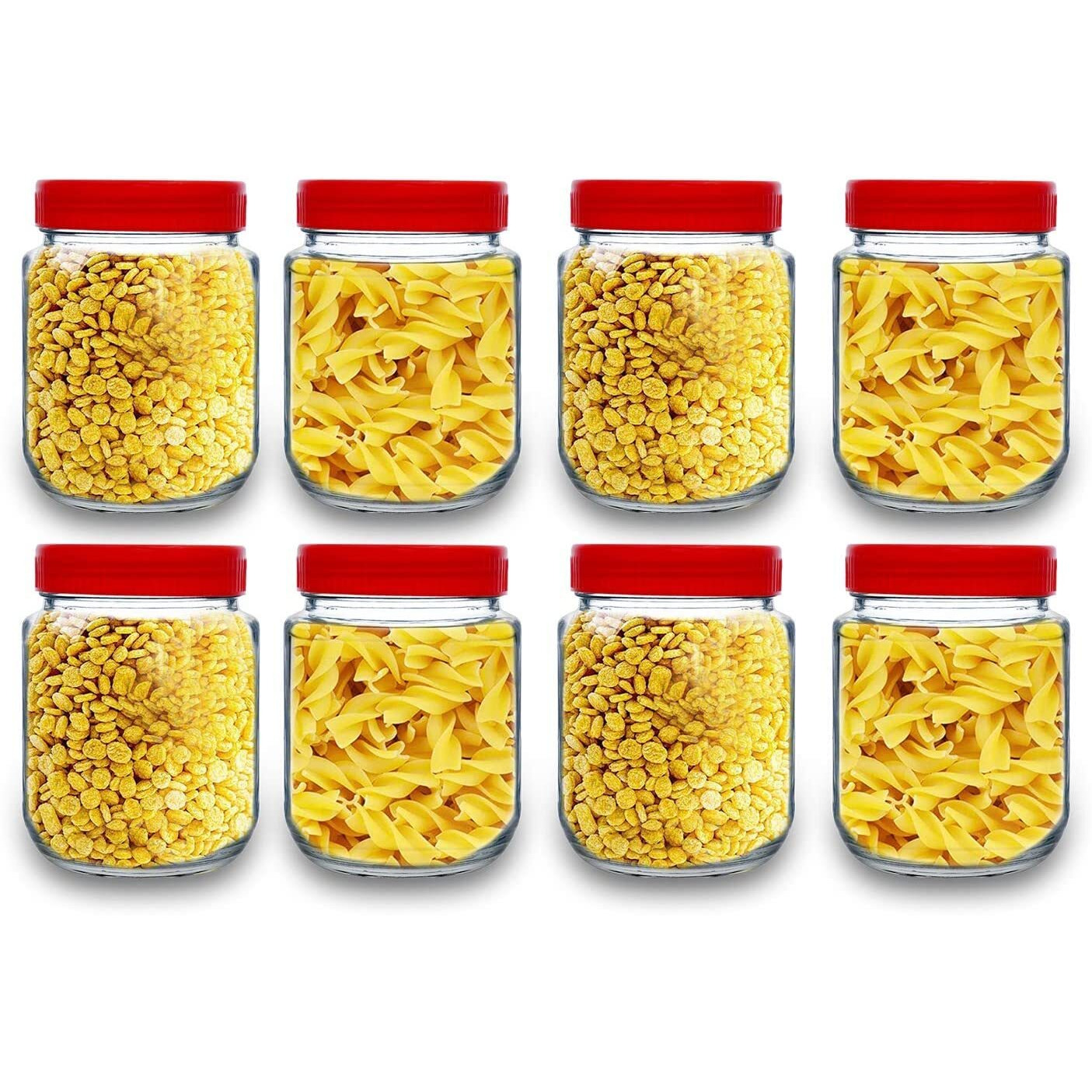 Feelopie Aahar Jar with Red Lid for Lentils, Food, Pickles, Spices, Sweets, Snacks, Rice, Kitchen Storage (500ml, Set Of 8)