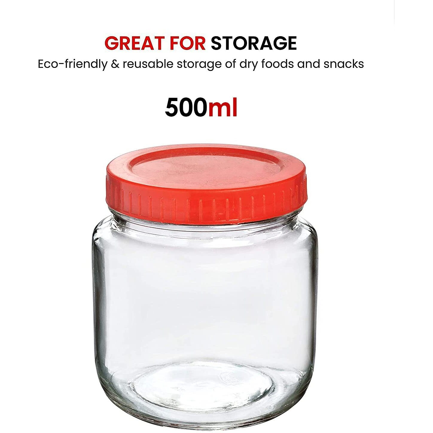 Feelopie Aahar Jar with Red Lid for Lentils, Food, Pickles, Spices, Sweets, Snacks, Rice, Kitchen Storage (500ml, Set Of 8)