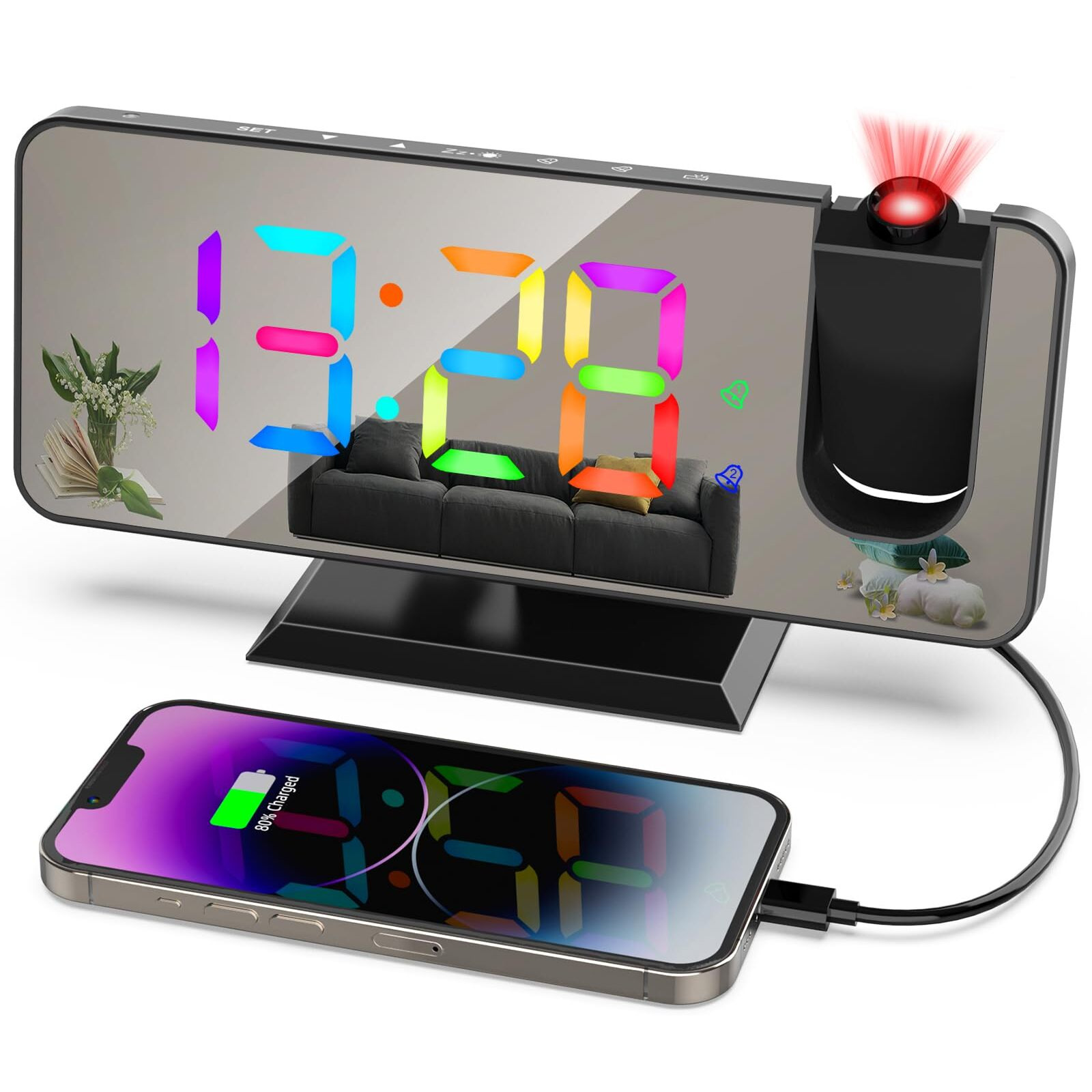 ThreeH Plastic Projector Alarm Clock with 11 Rgb Colors Changing Led Mirror Display Digital Clock with USB Charger Port Snooze Function 6 Levels of Brightness Adjustable Black