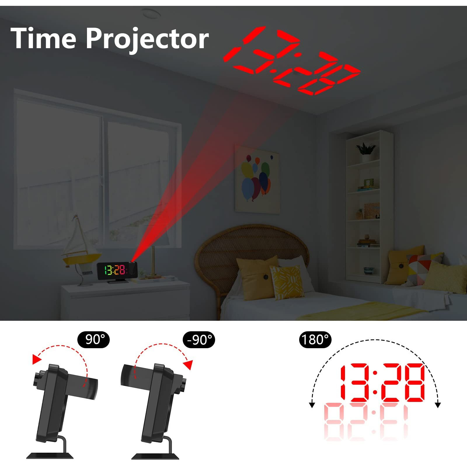 ThreeH Plastic Projector Alarm Clock with 11 Rgb Colors Changing Led Mirror Display Digital Clock with USB Charger Port Snooze Function 6 Levels of Brightness Adjustable Black