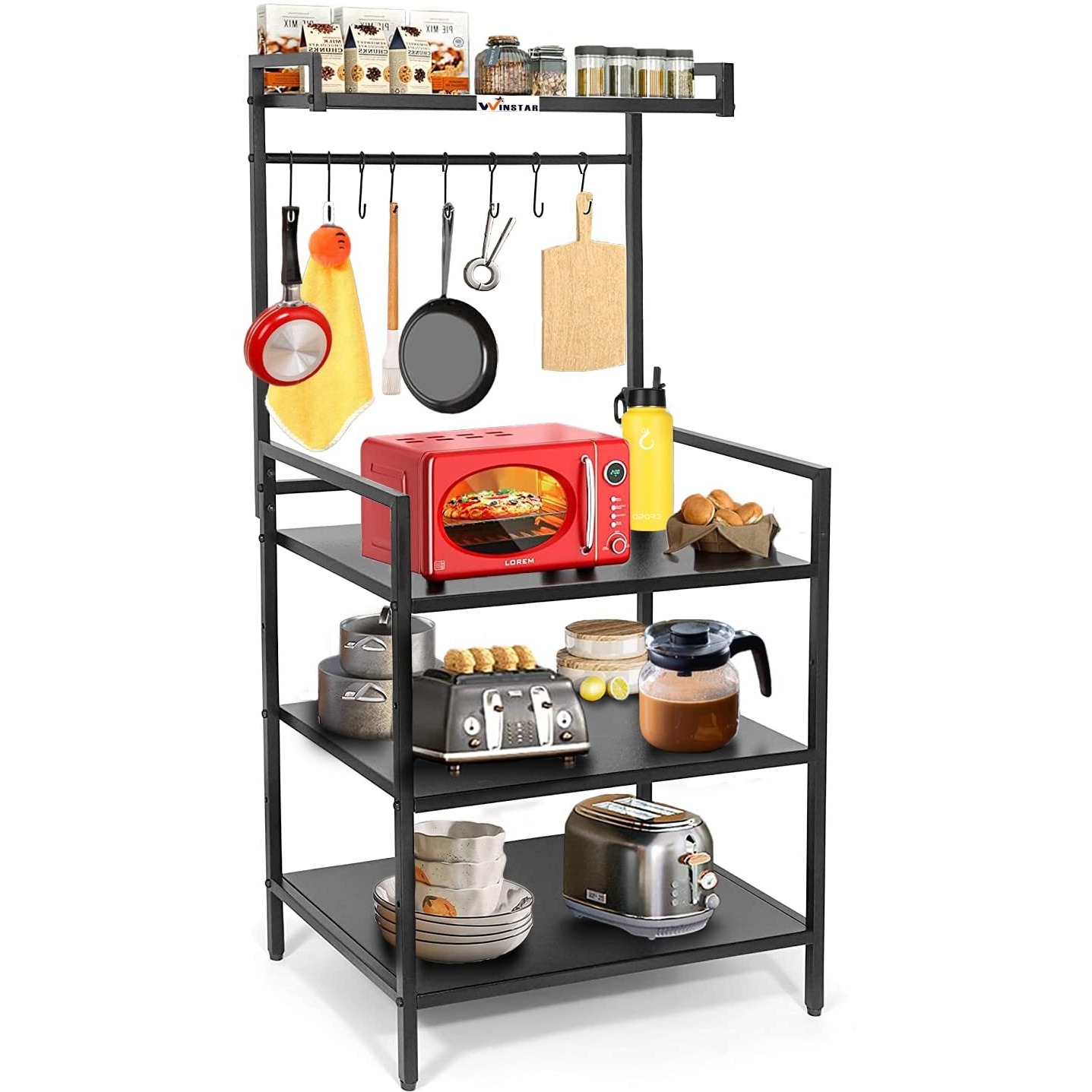 WINSTAR Metal Microwave Stand | Microwave & OTG Rack for Kitchen Counter | Double Platform for Extra Storage | Kitchen Oven Rack | Black (No Wheels, 4 Shelf)