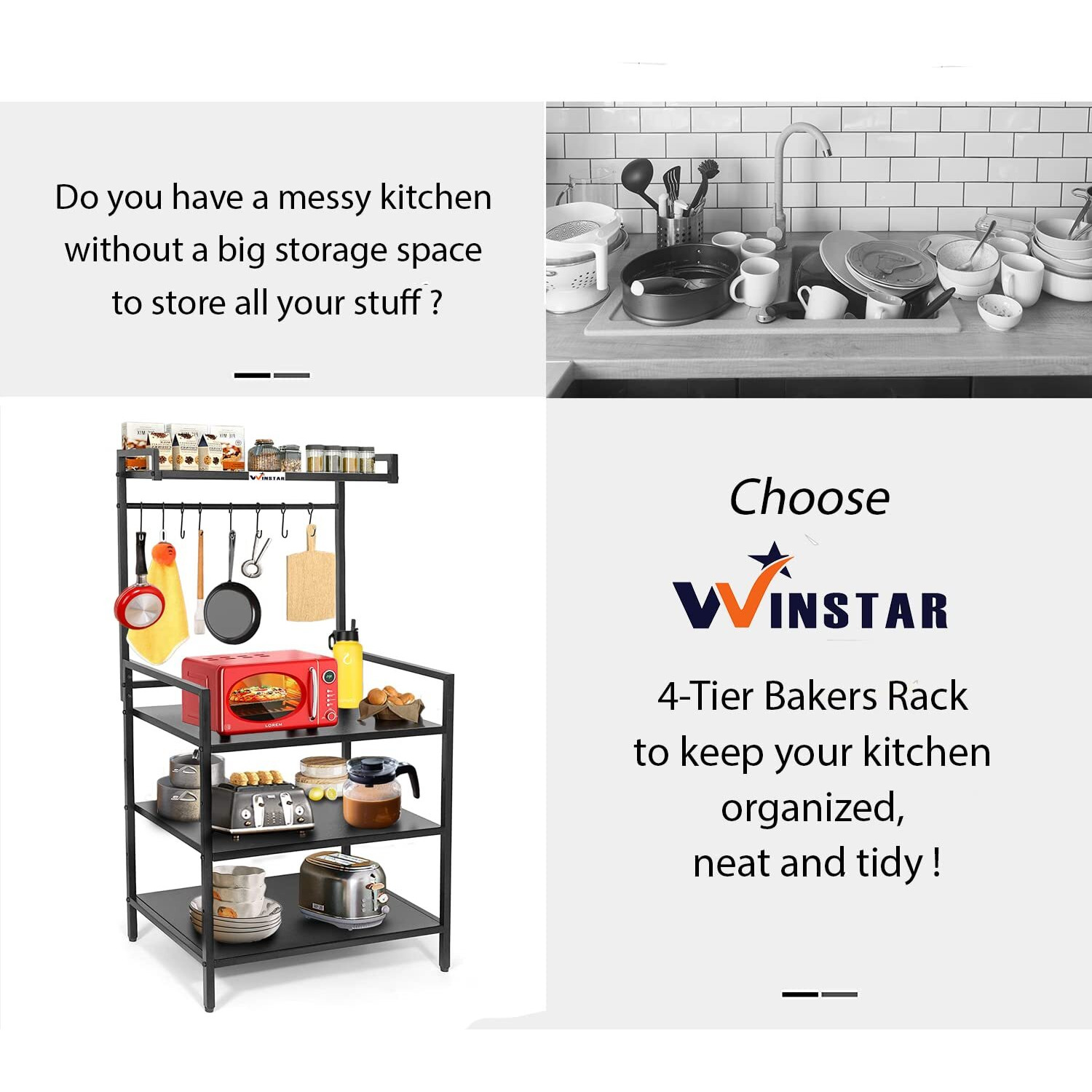 WINSTAR Metal Microwave Stand | Microwave & OTG Rack for Kitchen Counter | Double Platform for Extra Storage | Kitchen Oven Rack | Black (No Wheels, 4 Shelf)