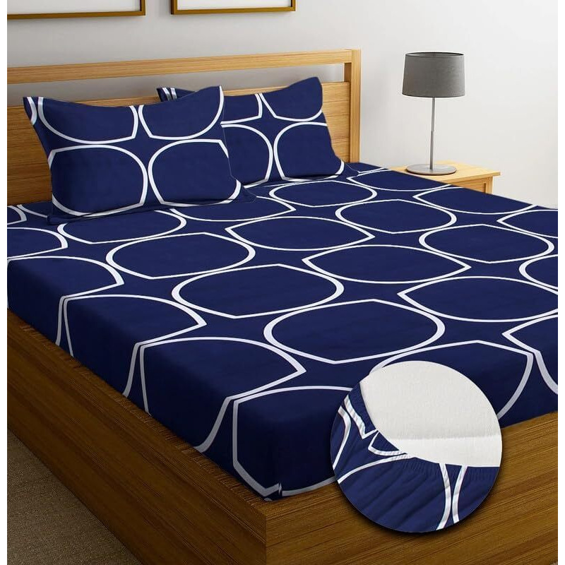 SHOMES Elastic Fitted Bedsheets with 2 King Size Pillow Covers | Double Bed with All Around Elastic, Size 72 x 78 x 8 Inches (Navy)