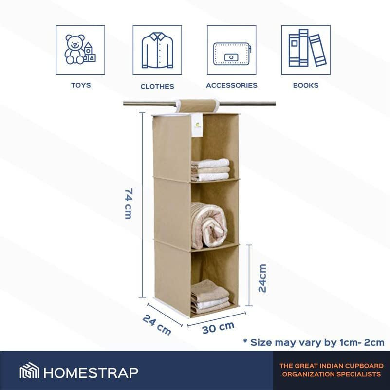 HomeStrap Hanging 3 Shelf Wardrobe Organizer- Beige