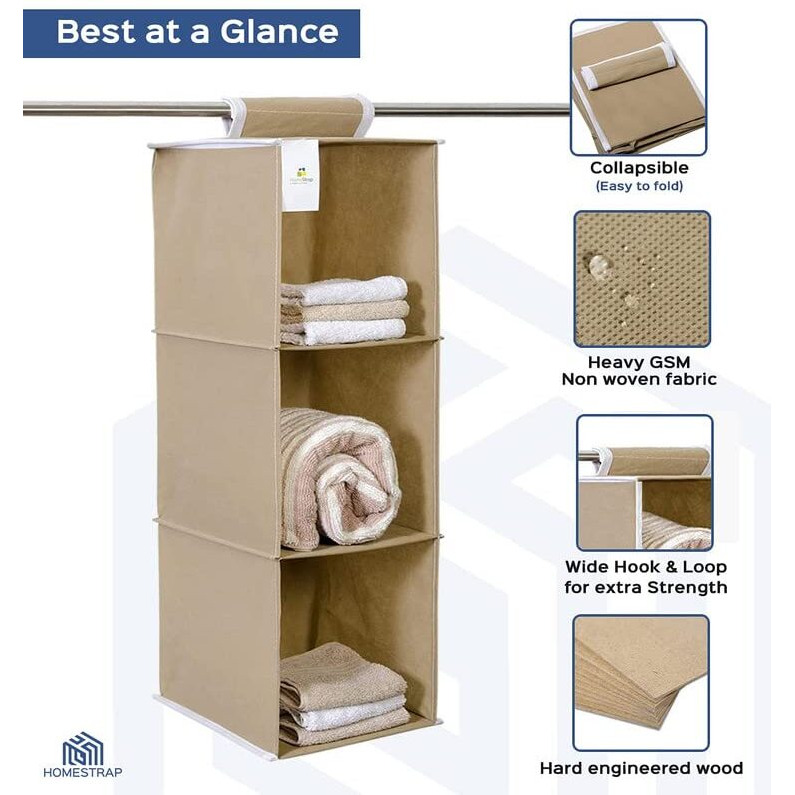 HomeStrap Hanging 3 Shelf Wardrobe Organizer- Beige