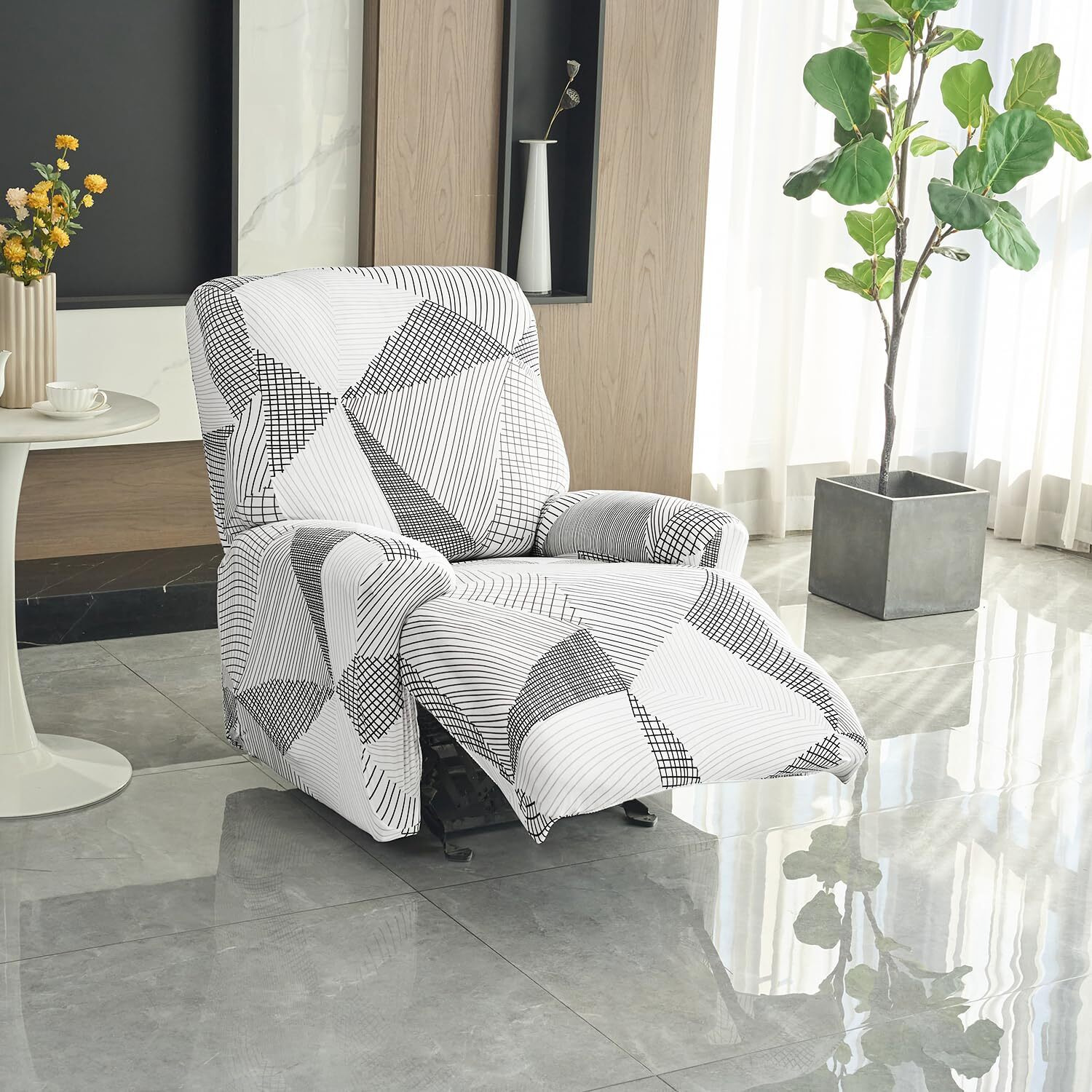 HOKIPO 140gsm Fully Covered Recliner Sofa Cover 1 Seater, Snow White Black Geometry (AR-4940-C9)