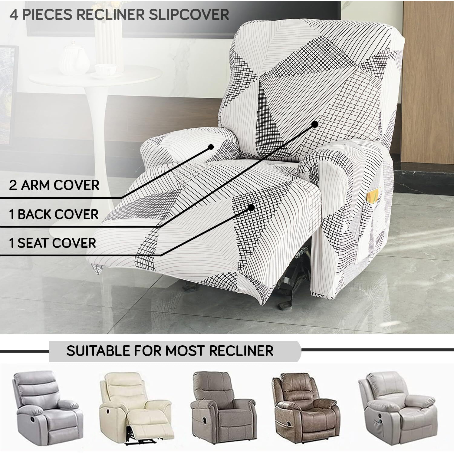 HOKIPO 140gsm Fully Covered Recliner Sofa Cover 1 Seater, Snow White Black Geometry (AR-4940-C9)