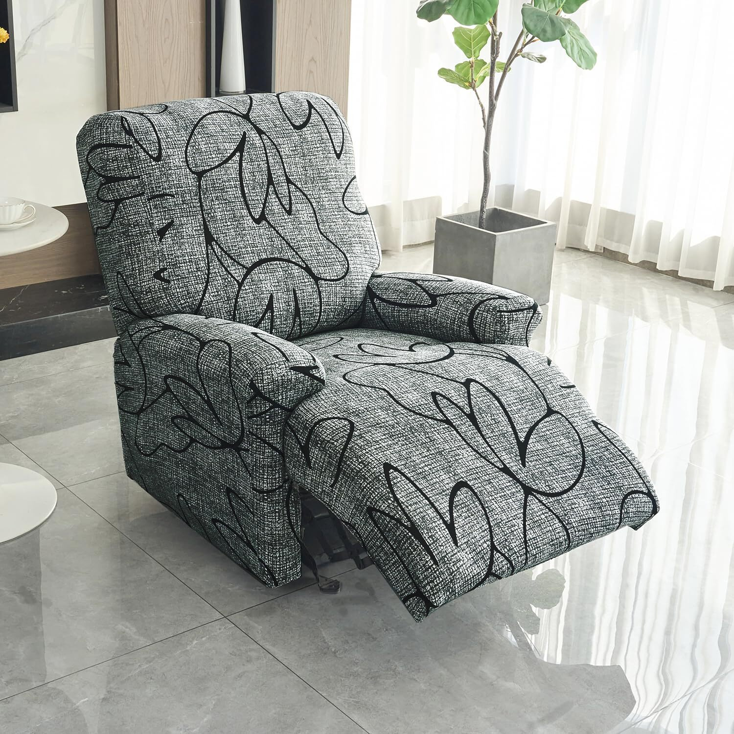 HOKIPO 140gsm Stretchable Recliner Sofa Cover 1 Seater, Intense Grey Abstract Floral (AR-4940-C2)