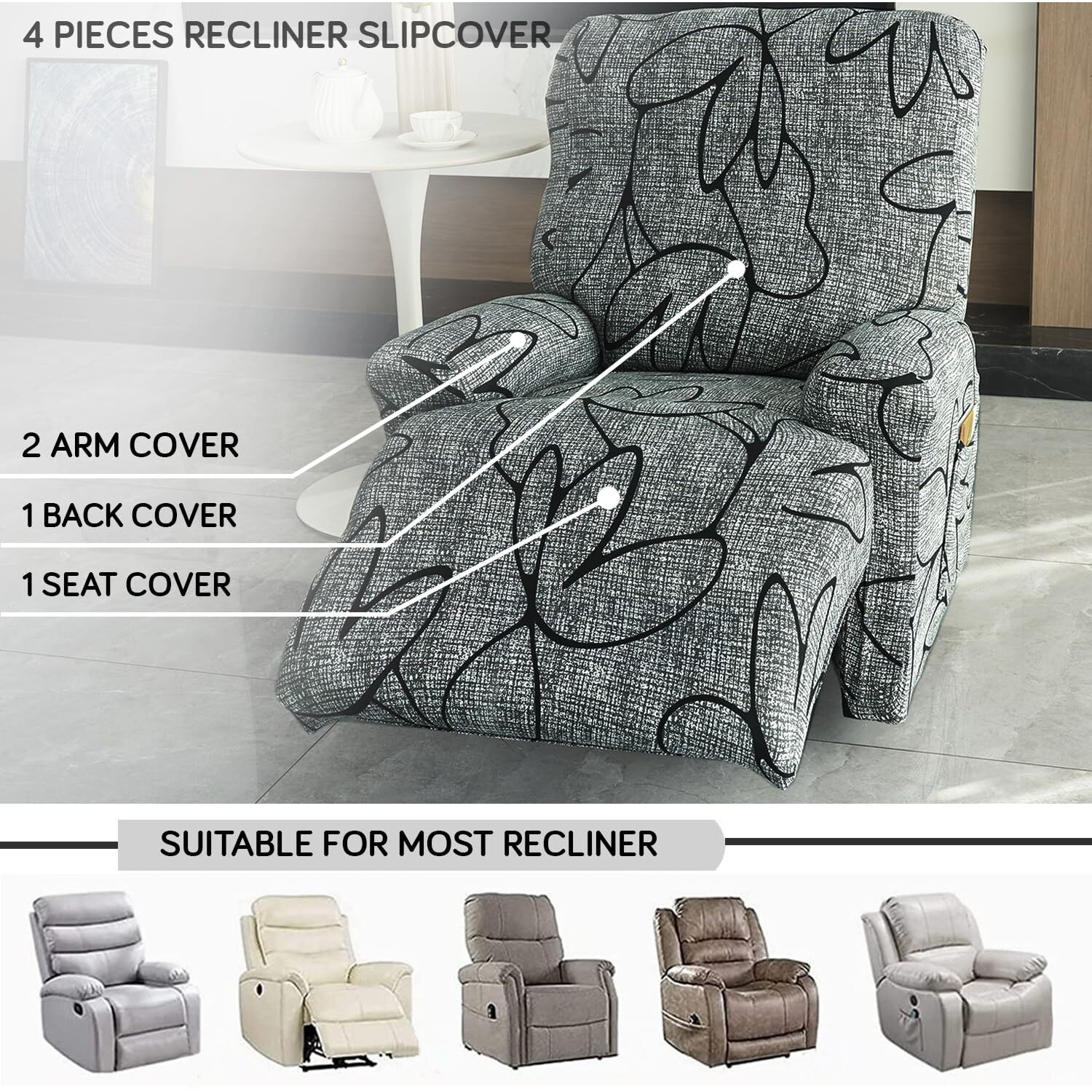 HOKIPO 140gsm Stretchable Recliner Sofa Cover 1 Seater, Intense Grey Abstract Floral (AR-4940-C2)