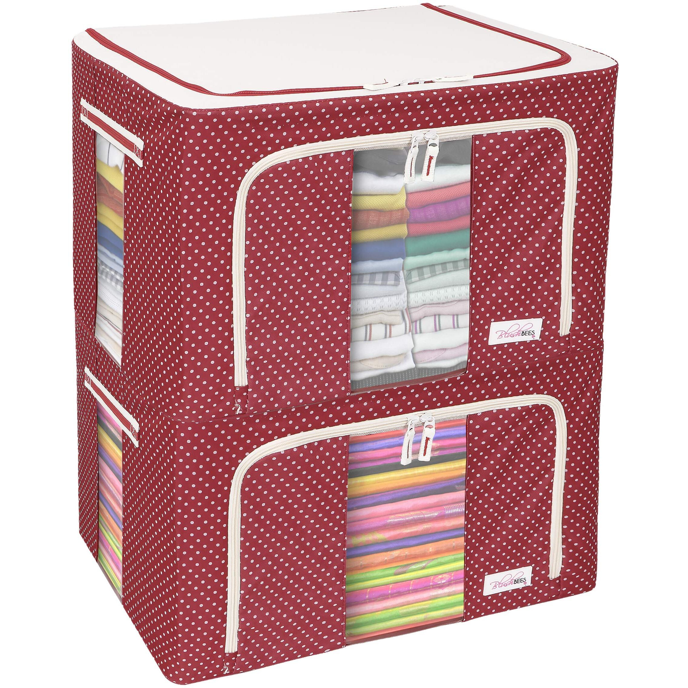 BlushBees  Oxford Fabric Living Box Wardrobe Organizer, Cloth Storage Bags with Zip (66 L, Polka Dots Red) - Pack of 2