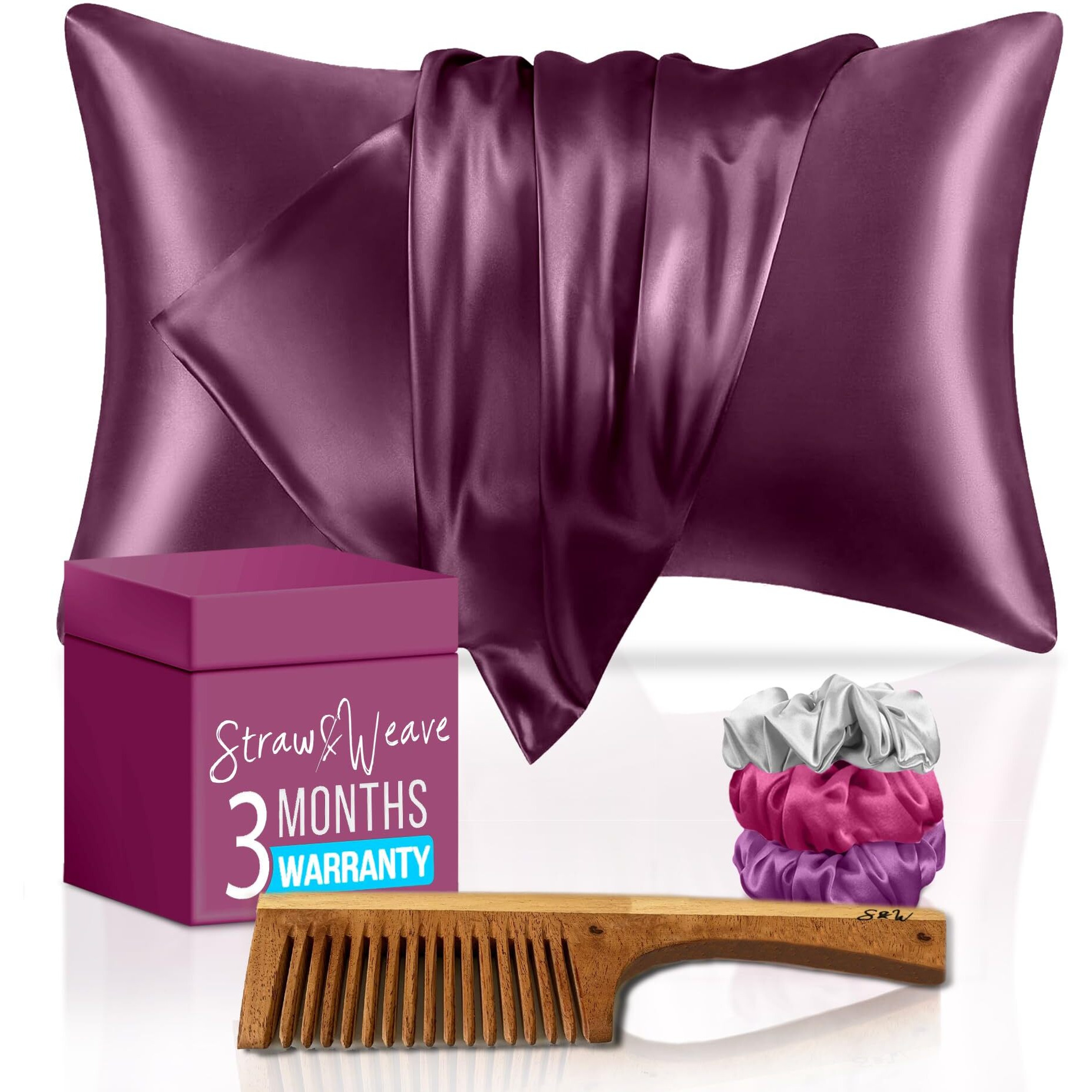 Wooden Comb & Satin Hair Accessories for Women | 3 Months Warranty | with 2 Pillow Cover, 3 Scrunchies & 1 Kachi Neem Comb | Satin Silk Pillow Covers for Hair and Skin