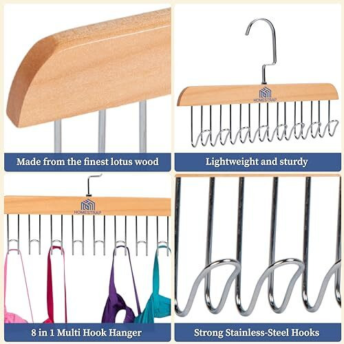 Homestrap Multi Hook Hanger (Pack of 3)| 8-in-1 Lotus Wood Tie and Belt Hanger| Space-Saving, Lightweight and Sturdy Hangers