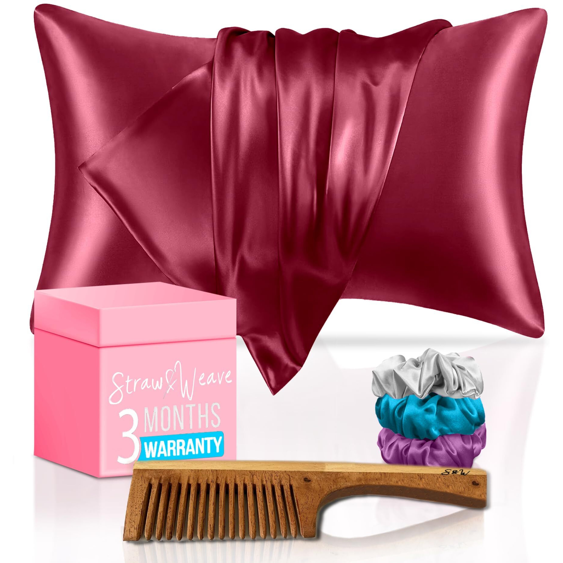 Wooden Comb & Satin Hair Accessories for Women | 3 Months Warranty | with 2 Pillow Cover, 3 Scrunchies & 1 Kachi Neem Comb | Satin Silk Pillow Covers for Hair and Skin