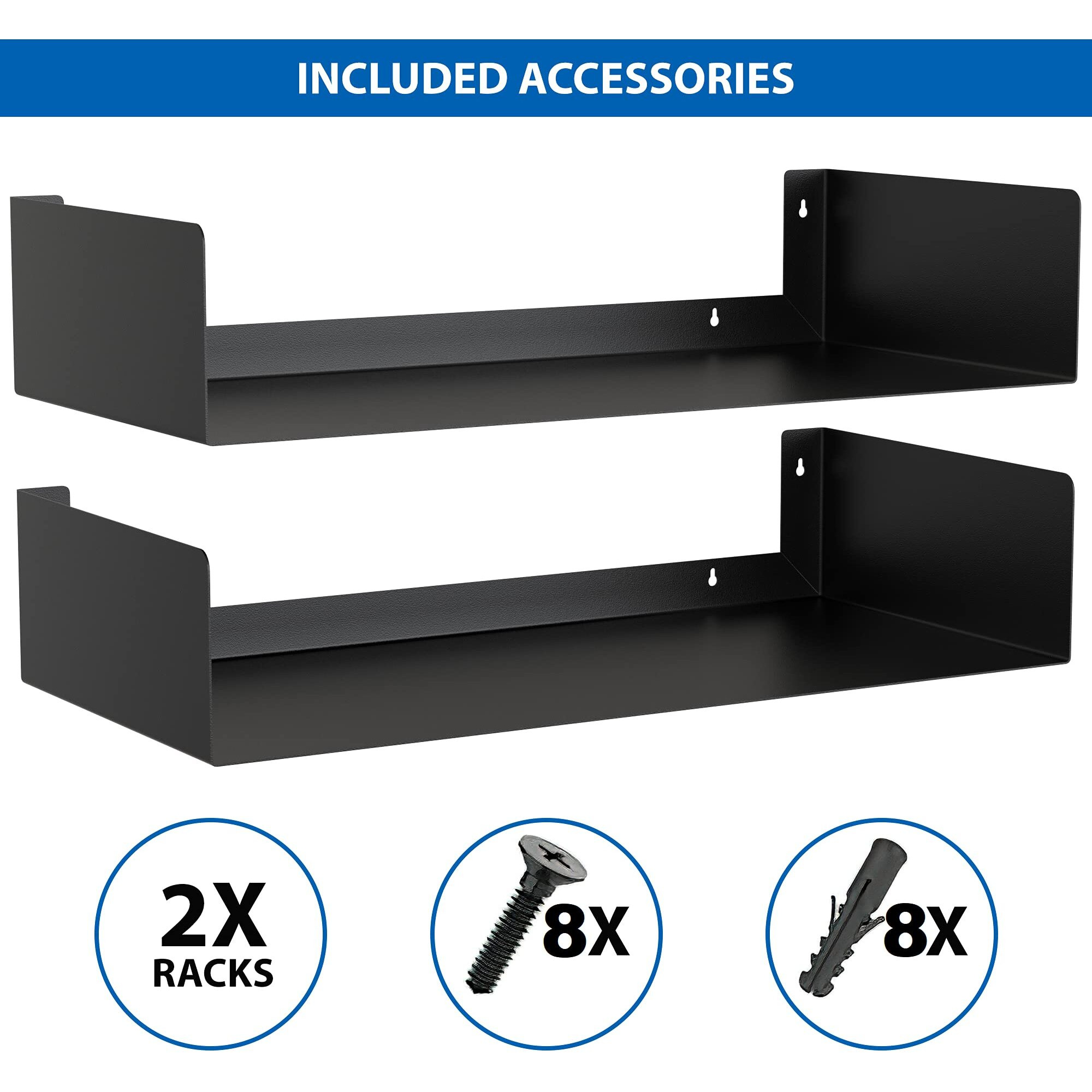 APPUCOCO Heavy Duty Wall Mount Metal U Shape Shelf Book CD DVD Storage Display for Home, Set of 2 (Black)