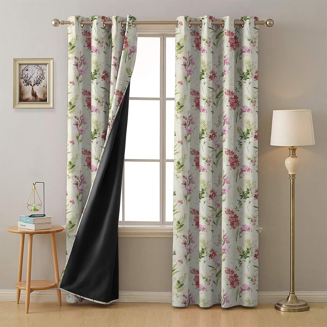 SPACES DRAPE STORY Premium Printed Blackout Curtain with Lining, Set of 2, 8Ft Door Curtains, Pink & White