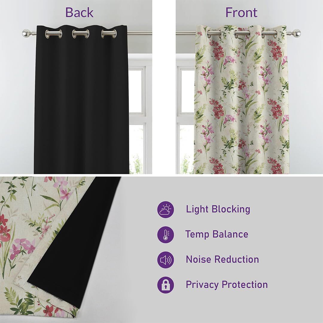 SPACES DRAPE STORY Premium Printed Blackout Curtain with Lining, Set of 2, 8Ft Door Curtains, Pink & White