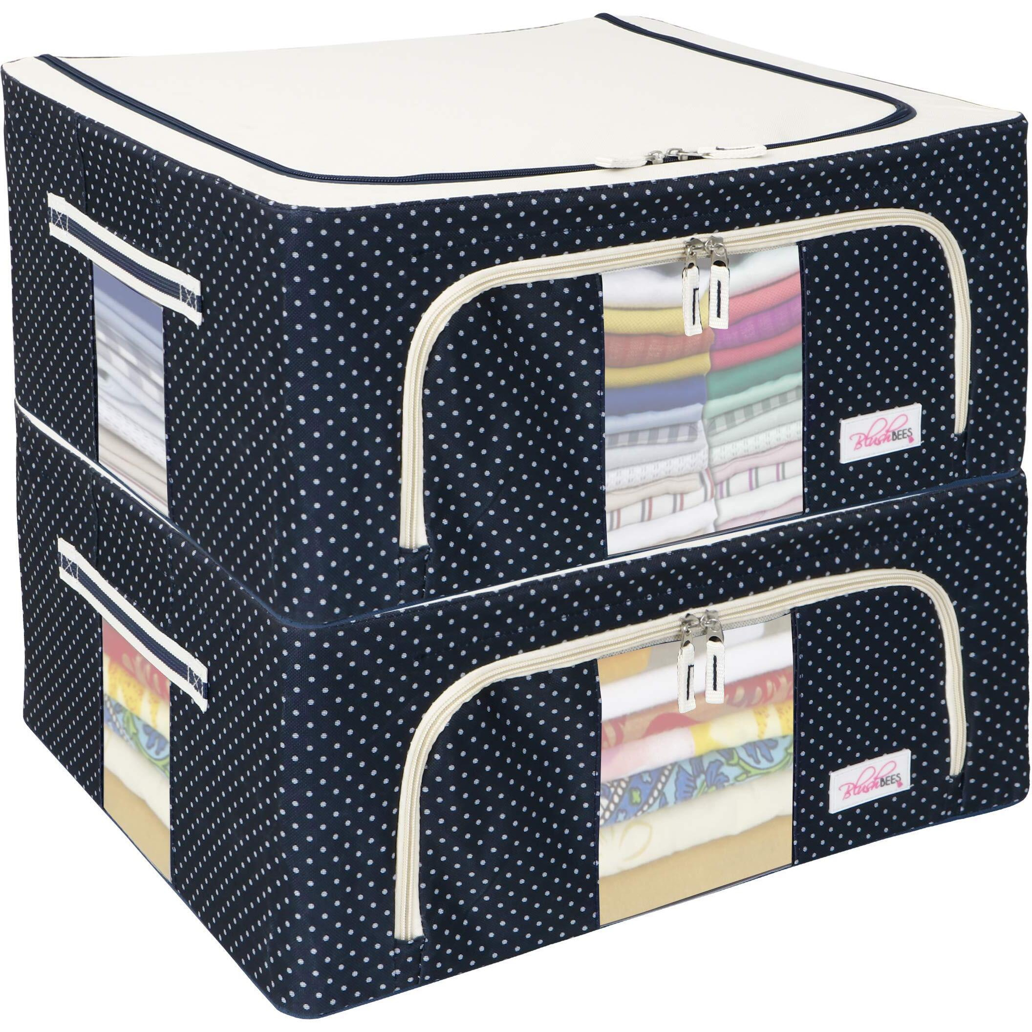 BlushBees Living Box - Closet Organizer Cloth Storage Boxes for Wardrobe - 44 Litre, Pack of 2, Polka Dot Blue(Oxford Fabric)