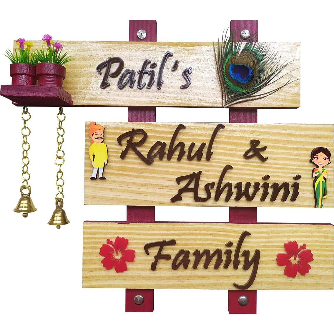 GiftSpot Home Door Wooden Name Plate with Acrylic Letters Size 12 x 12 Inch Brown Color (Light Brown)