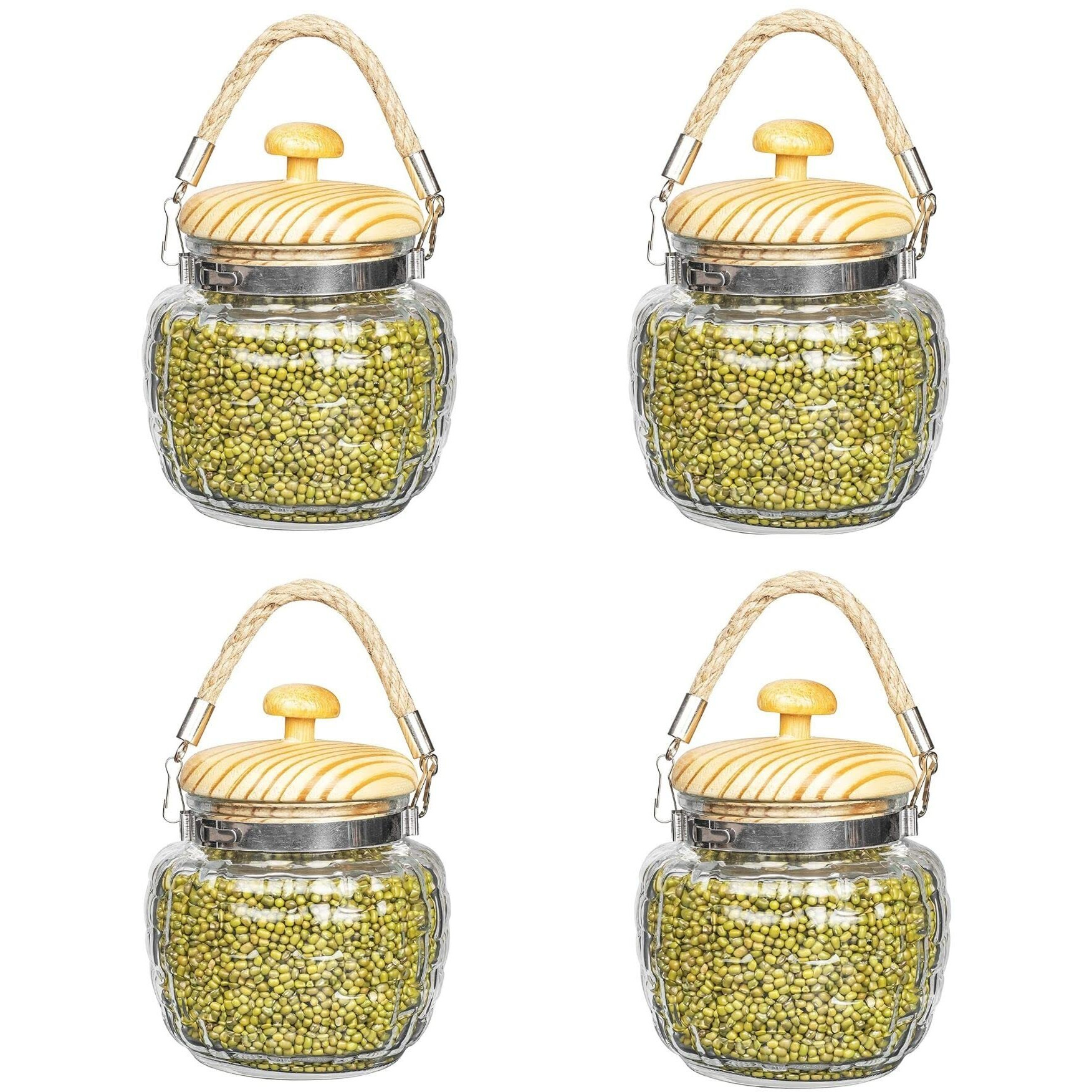 Femora Kitchen Storage Jars Embossed Glass Jar With Wooden Lid & Jute Chain Air Tight Jar, 500 ML, Pack of 4