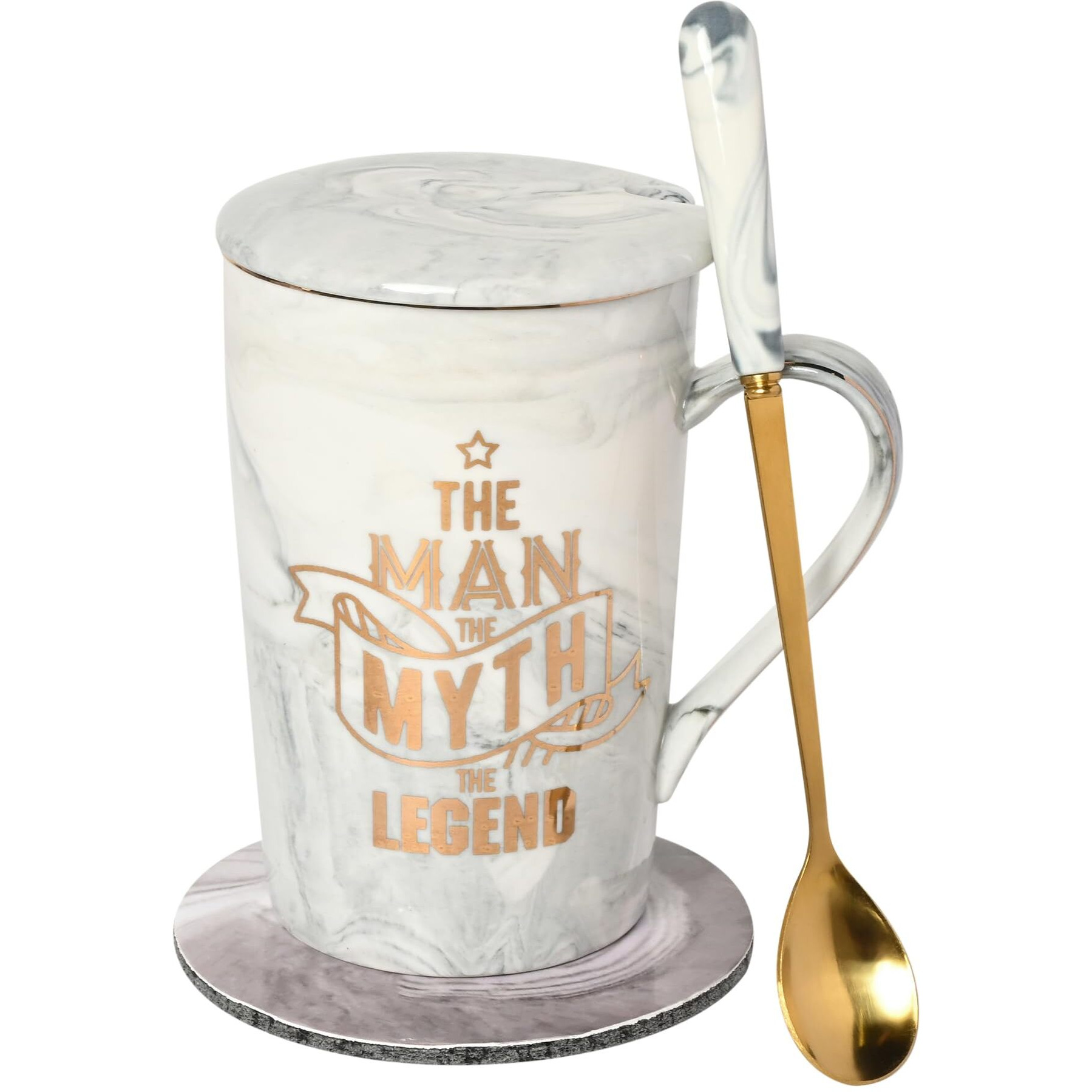 NYRWANA Coffee Mug, Birthday Gift for Men, Mugs for Coffee, Birthday Gift for Boys, Coffee Mug with Lid, Ceramic Mug, The Man The Myth The Legend Mug with Free Coaster and Gift Box (400ml - Grey)