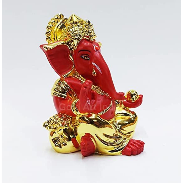 Gold Art India Gold Plated with Red Terracotta Gaddi Ganesha for Car Dashboard Home Decor Gifting Diwali Birthday Festivals (Gold Red)