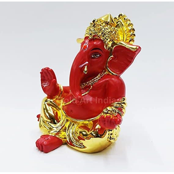 Gold Art India Gold Plated with Red Terracotta Gaddi Ganesha for Car Dashboard Home Decor Gifting Diwali Birthday Festivals (Gold Red)